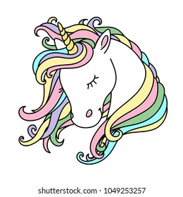 Beautiful unicorn head with rainbow hair, mane.  