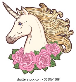 Beautiful unicorn head with roses