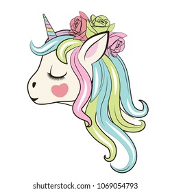 Beautiful unicorn head with roses. Can be used for baby t-shirt print, fashion print design, kids wear, baby shower celebration, greeting and invitation card