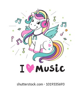 A beautiful unicorn with headphones and an inscription love music