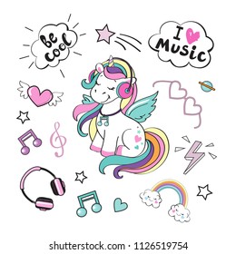 A beautiful unicorn with headphones and an inscription love music on a white background