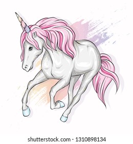 Beautiful unicorn in the highlights and stars. Fairy-tale and mythical character. Horse with a mane. Ready design postcards, poster or print on fabric or clothing. Vector. Magic and fairy tale.