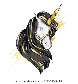 Beautiful unicorn in the highlights and stars. Fairy-tale and mythical character. Horse with a mane. Ready design postcards, poster or print on fabric or clothing. Vector. Magic and fairy tale.