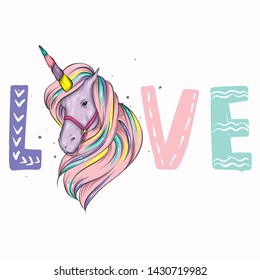 Beautiful unicorn in the highlights and stars. Fairy-tale and mythical character. Horse with a mane. Ready design postcards, poster or print on fabric or clothing. Vector. Magic and fairy tale.