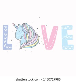 Beautiful unicorn in the highlights and stars. Fairy-tale and mythical character. Horse with a mane. Ready design postcards, poster or print on fabric or clothing. Vector. Magic and fairy tale.