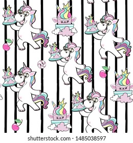 Beautiful unicorn holds a cake on a striped background seamless pattern. Birthday concept