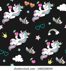 A beautiful unicorn holds a cherry, cloud and other elements of the holiday on a black background seamless pattern