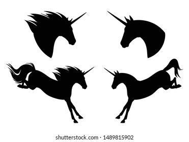beautiful unicorn horse jumping forward - running animal and profile head black vector silhouette design
