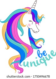 Beautiful unicorn illustration with handwritten invitation text "be unique"