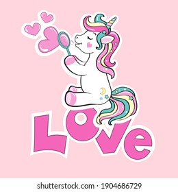 A beautiful unicorn inflated soap bubbles in the shape of a heart and the inscription love. Valentine's day concept. Cute cartoon baby animals