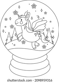 A beautiful unicorn inside a snow globe. Vector black and white coloring page.