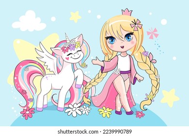 A beautiful unicorn and a little girl anime princess on a blue background. Vector cartoon illustration in kawaii style