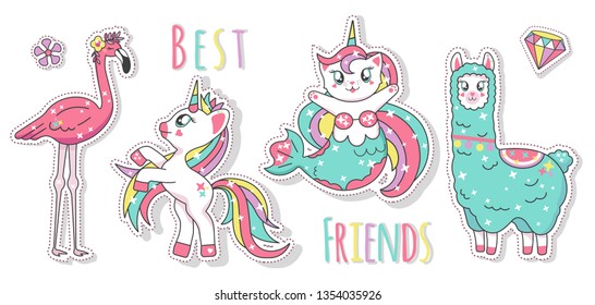 Beautiful unicorn, llama, flamingo and mermaid cat best friend, vector illustration