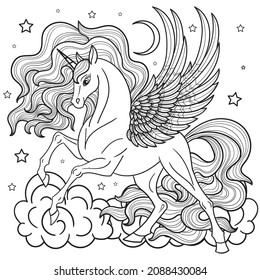 A beautiful unicorn with a long mane among the clouds. Black and white linear image For design of prints, posters, coloring books, postcards, tattoos, etc. Vector