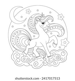 Beautiful unicorn with a long mane. Black and white linear drawing. Doodle Style. Magic theme. For children's design of coloring books, prints. posters, postcards, stickers, puzzles, etc. Vector illus