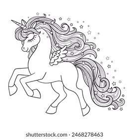 Hermoso unicornio con una melena larga. Dibujo lineal en blanco y negro. Para el diseño infantil de libros para colorear, libros, carteles, tarjetas, pegatinas, tatuajes, etc. Ilustración vectorial