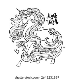 Beautiful unicorn with a long mane. Black and white linear drawing. Text Make a wish. Animal outline on a white background. For children's design of coloring prints, posters, etc. Vector illustration.