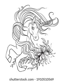 Beautiful unicorn with a long mane and flowers. Vector black and white contour illustration for coloring page. For the design of prints, posters, postcards, coloring books, stickers, tattoos,