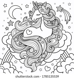  A beautiful unicorn with a long mane lying on the clouds and rainbow. Linear, black and white drawing. 
For coloring books, tattoos, postcards, prints, posters, banners, stickers. Vector illustration