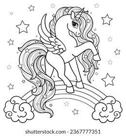 Beautiful unicorn with a long mane on a rainbow. Black and white linear drawing. For children's design of coloring books, prints, posters, cards, stickers, etc. Vector illustration