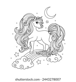 Beautiful unicorn with a long mane on a rainbow. Black and white linear drawing. Fantastic animal. For children's design of coloring books, prints, posters, stickers, cards, tattoos, etc. Vector