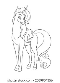 Beautiful unicorn with long mane and tail. Vector black and white illustration for coloring book page.