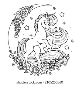 A beautiful unicorn with a long mane and a tail with flowers on the moon. Black and white linear, contour drawing. Fantasy animal, For children's design of coloring books, potions, posters, cards, sti