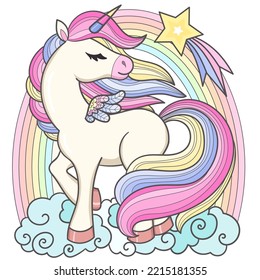 A beautiful unicorn with a long mane and tail on a rainbow background. Magic animal. For the design of prints on t-shirts, cups, posters, cards, stickers and so on. Vector