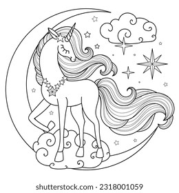 Un hermoso unicornio con una larga melena y cola en la luna. Dibujo lineal blanco y negro. Para el diseño de los niños de colorear libros, impresiones, carteles, tarjetas, pegatinas, etc. Vector