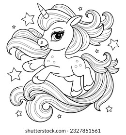 A beautiful unicorn with a long mane and tail. Black and white contour line drawing. For children's design of coloring books, prints, posters, cards, stickers, puzzles and so on. Vector