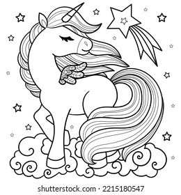 A beautiful unicorn with a long tail. Black and white linear drawing. For the design of coloring books, postcards, prints, posters, stickers, tattoos and so on. Vector