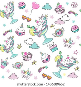 Beautiful unicorn lying in a glass and birthday items in kawaii style on a white background seamless pattern