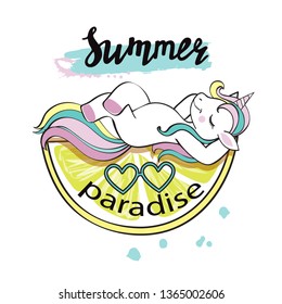 A beautiful unicorn lying on a yellow lemon and the inscription Summer Paradise