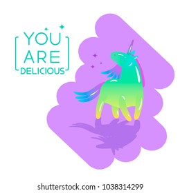 Beautiful unicorn with mane fluttering in the wind. Cute vector illustration in bright colors.