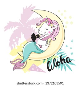 A beautiful unicorn mermaid sitting on the moon and the inscription aloha