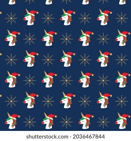 Beautiful unicorn Merry Christmas seamless pattern with snowflakes.  Xmas festive holiday surface design. Colorful flat vector illustration backdrop for cards, murals, textile, and wrapping paper.