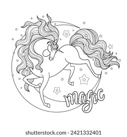 Beautiful Unicorn, moon and stars. Inscription Magic. Black and white linear drawing. For children's design of coloring books, prints, posters, stickers, cards, puzzles, etc. Vector