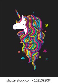 A beautiful unicorn with a multicolored mane. A fabulous animal. Vector illustration for a postcard, poster or print for clothes.