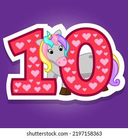 Hermoso unicornio con número 10, ilustración vectorial.