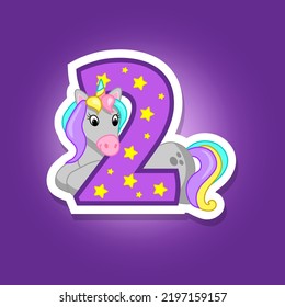 Beautiful unicorn with number 2, vector illustration.