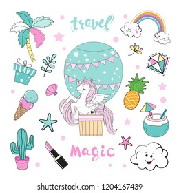 Beautiful unicorn on a balloon and the inscription magic travel and girl elements