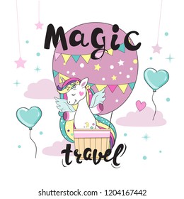 Beautiful unicorn on a balloon and the inscription magic travel on a white background