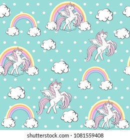 Beautiful unicorn on a blue background seamless pattern