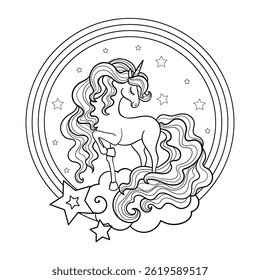 Unicornio hermoso en una nube con un arco iris. Composición redonda. Dibujo en blanco y negro. Aislado en un fondo blanco. Para el diseño infantil de libros para colorear, impresiones, carteles, tarjetas, pegatinas, etc.