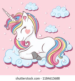 
Beautiful unicorn on clouds with stars illustration, vector.