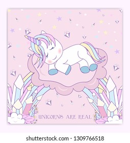 Beautiful unicorn on clouds with stars illustration, vector. 