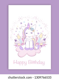 Beautiful unicorn on clouds with stars illustration, vector. 