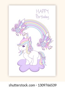 Beautiful unicorn on clouds with stars illustration, vector. 