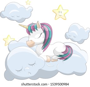 Beautiful unicorn on clouds with stars illustration, vector.Unicorn on a white background with rainbow hair vector illustration for children design. Sweet fantasy character for t-shirts and cards