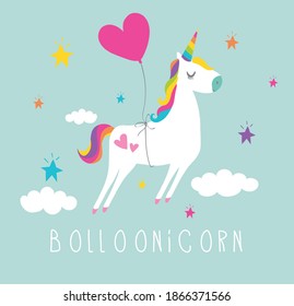 Beautiful unicorn on clouds with stars illustration, vector. Print for t-shirt or sticker. Romantic hand drawing illustration for children.